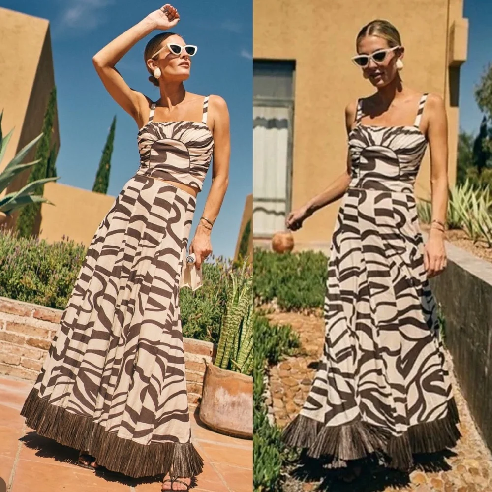 NWT ANTONIO MELANI Style Somers Swirl Print Linen Blend Straw Trim Two Piece Set